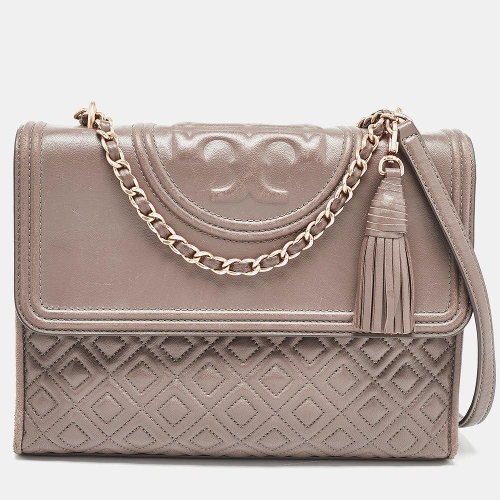 Grey Quilted Leather Fleming Shoulder Bag