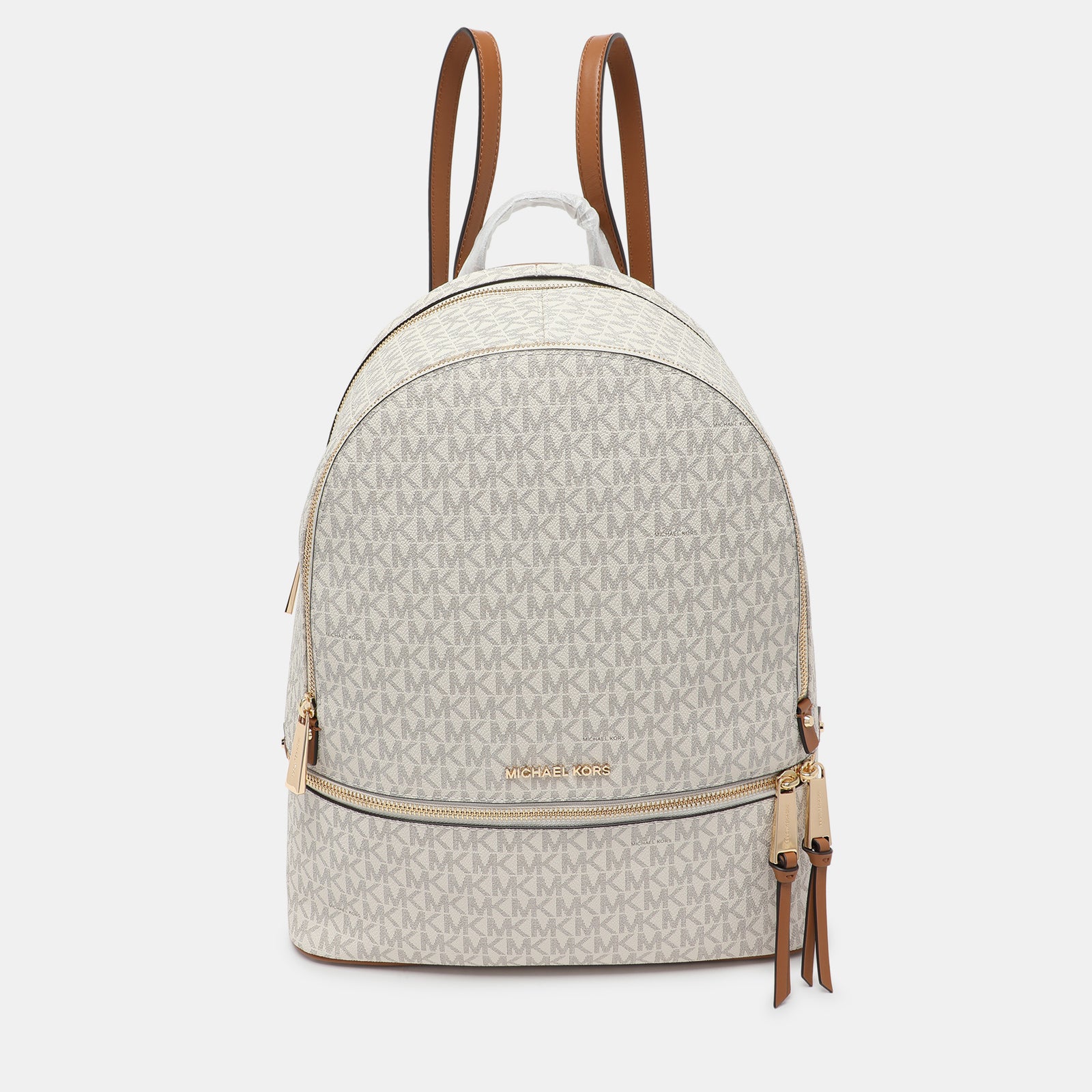 Michael Kors White/Brown Signature Coated Canvas and Leather Large Rhea Backpack