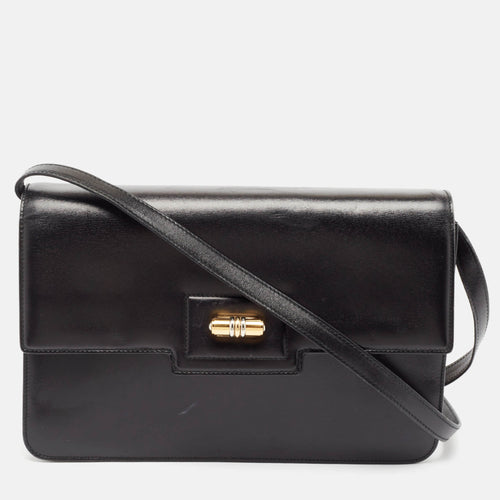 Black Glossy Leather Turnlock Flap Shoulder Bag