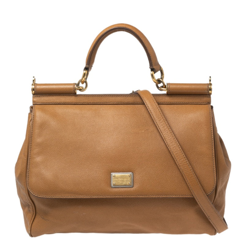 Dolce & Gabbana Light Brown Leather Large Miss Sicily Top Handle Bag