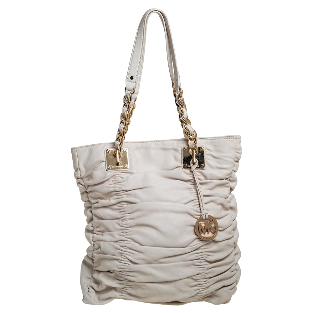 Michael Kors White Pleated Leather Chain Tote