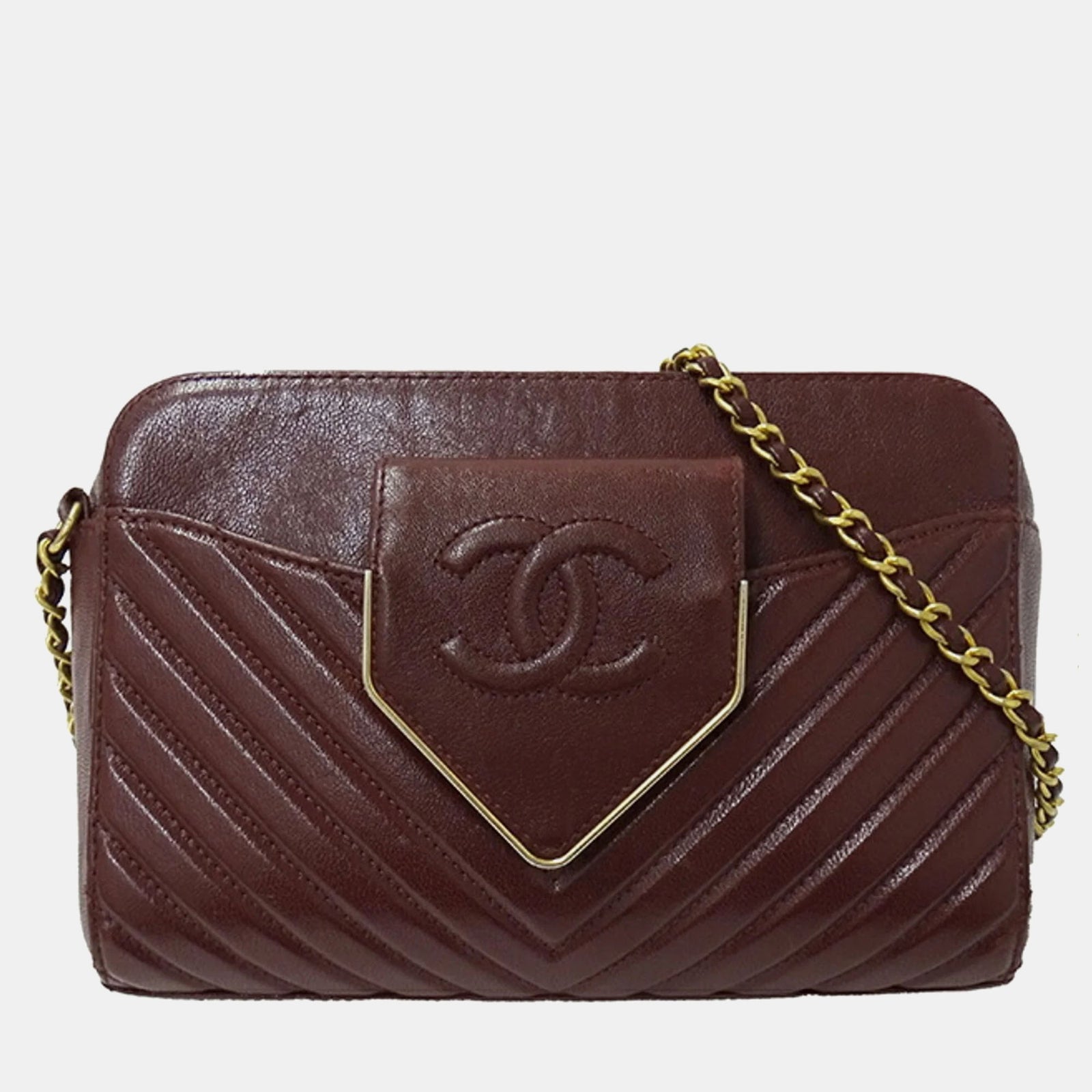 Chanel Bordeauxrote Kameratasche aus Schaffell mit kleinem CC-Flap-Pocket und Chevron-Muster