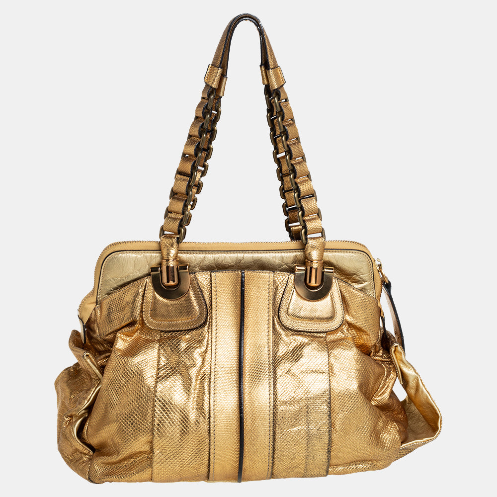 Chloe Chlo&eacute; Metallic Gold Embossed Leather Heloise Satchel