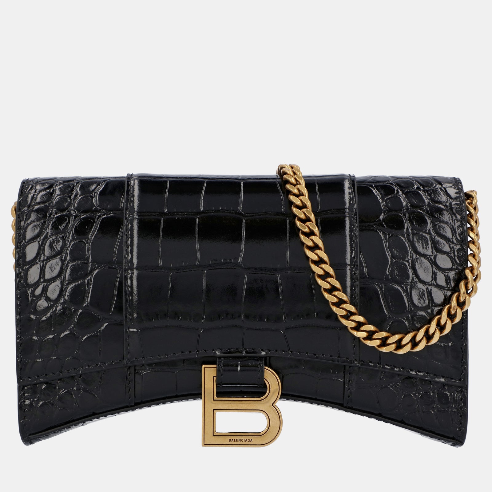 Balenciaga Black Croc Embossed Leather Hourglass Wallet on Chain