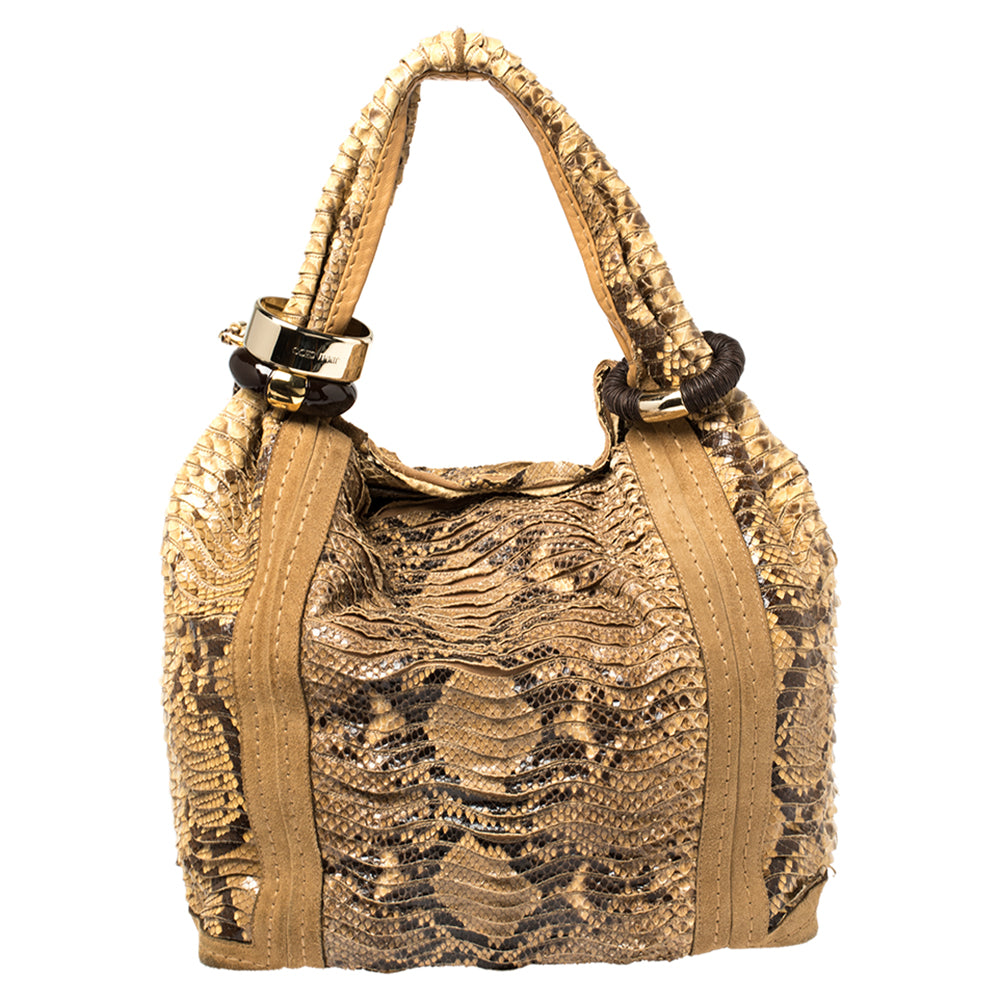 Jimmy Choo Beige/Brown Python and Suede Saba Hobo