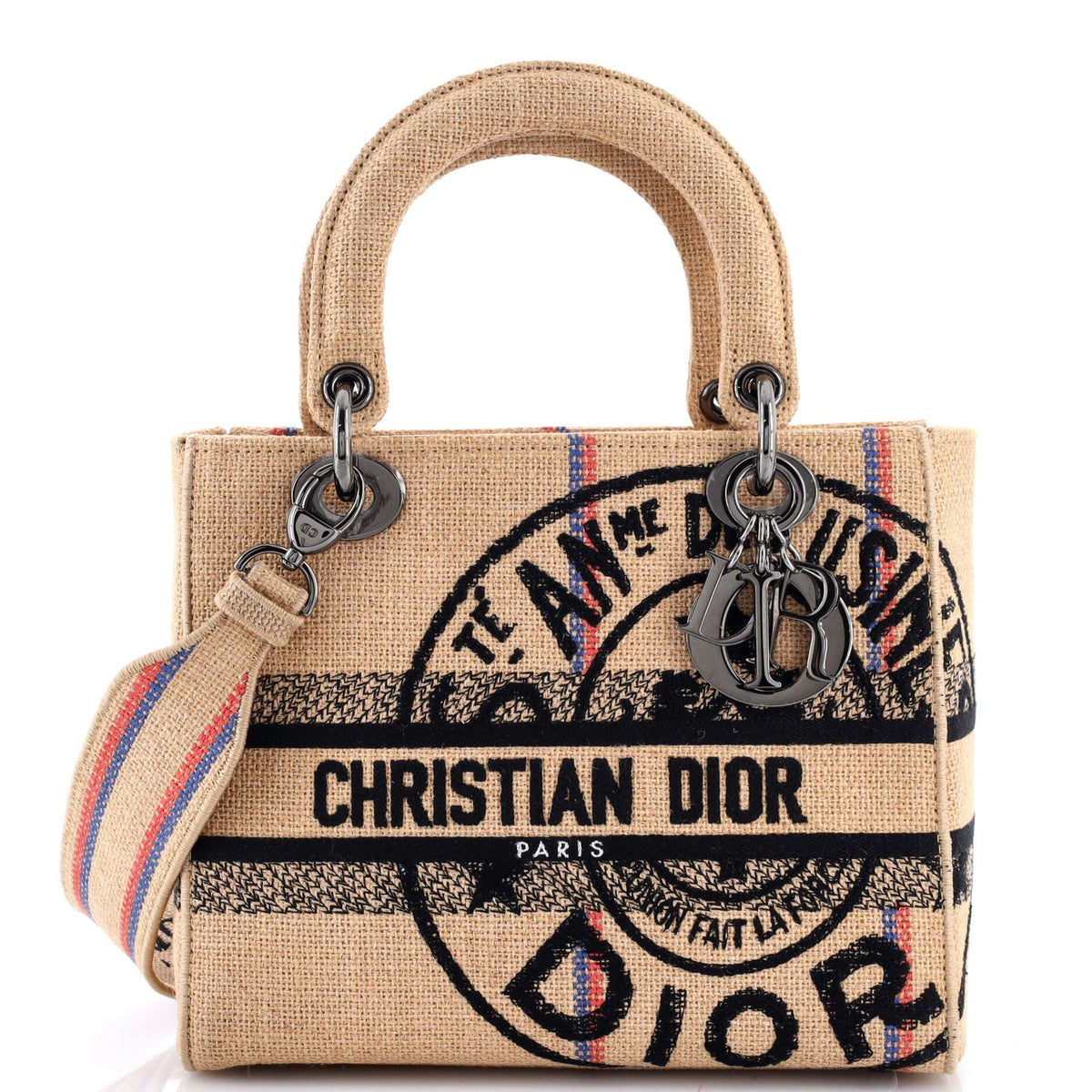 Christian Dior Lady D-Lite Bag Embroidered Jute Canvas Medium