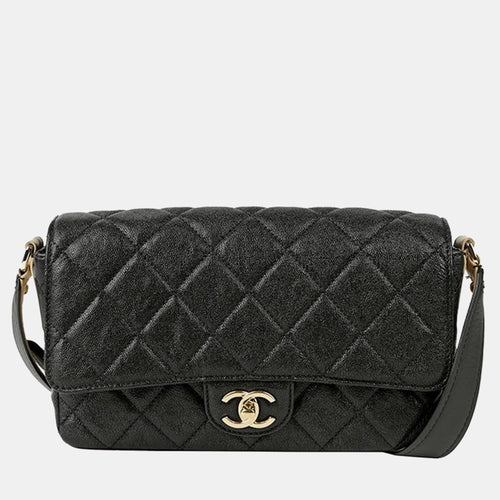 Black Quilted Caviar Medium Buckle Strap CC Messenger Bag