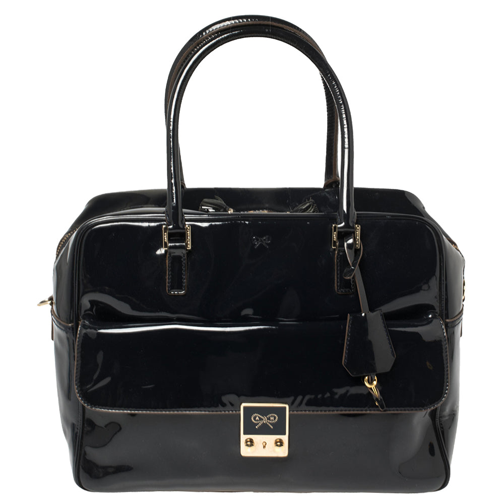 Anya Hindmarch Navy Blue Patent Leather Carker Satchel