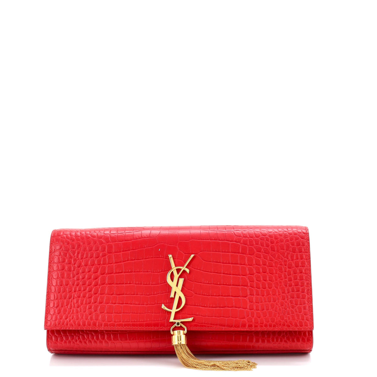 Saint Laurent Classic Monogram Tassel Clutch Crocodile Embossed Leather Long