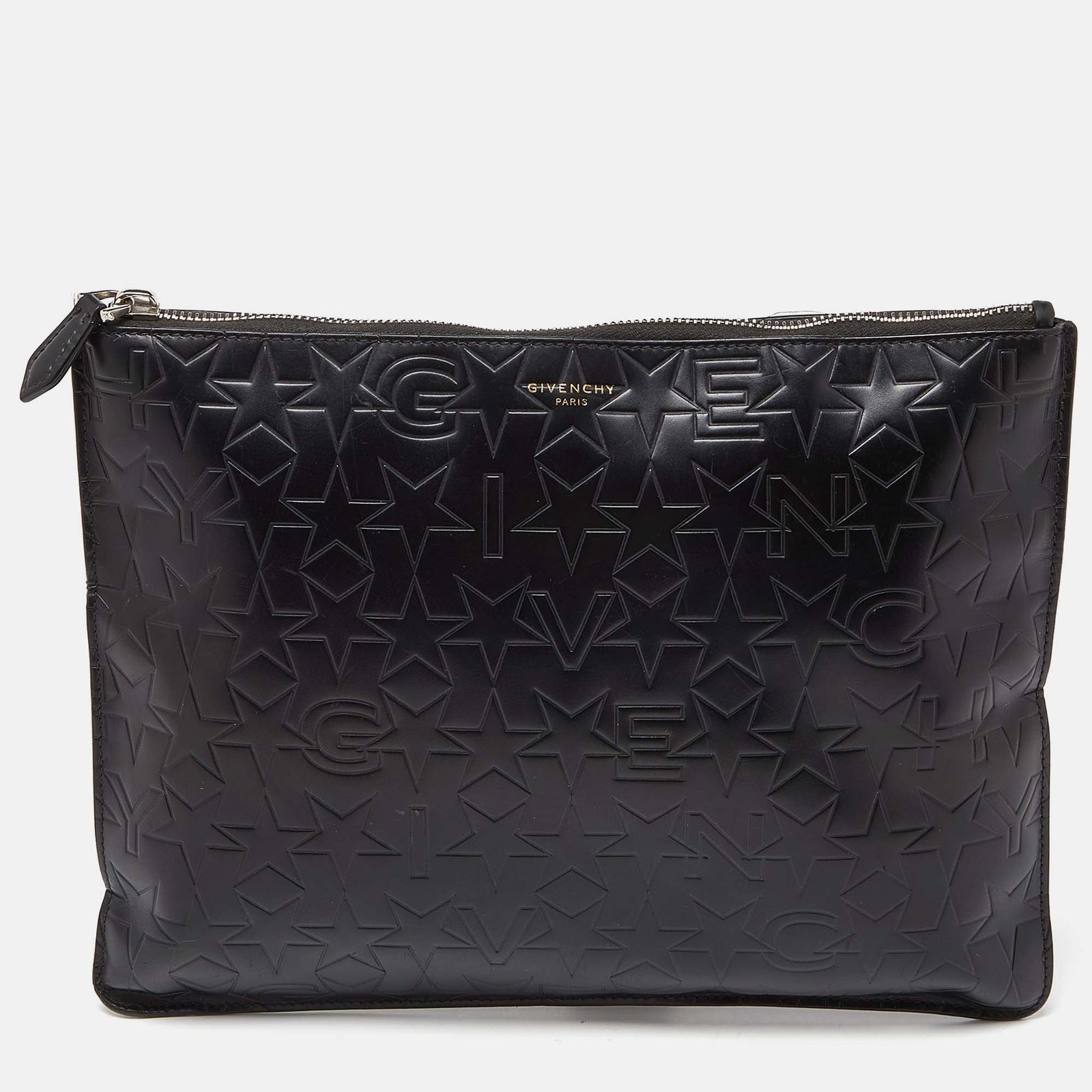 Givenchy Black Star Embossed Leather Zip Clutch