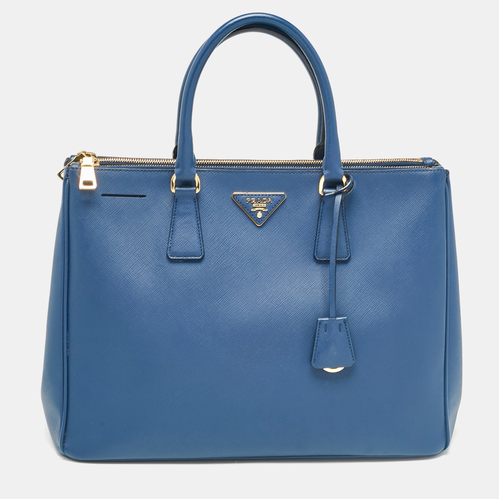 Prada Blue Saffiano Lux Leather Large Double Zip Tote