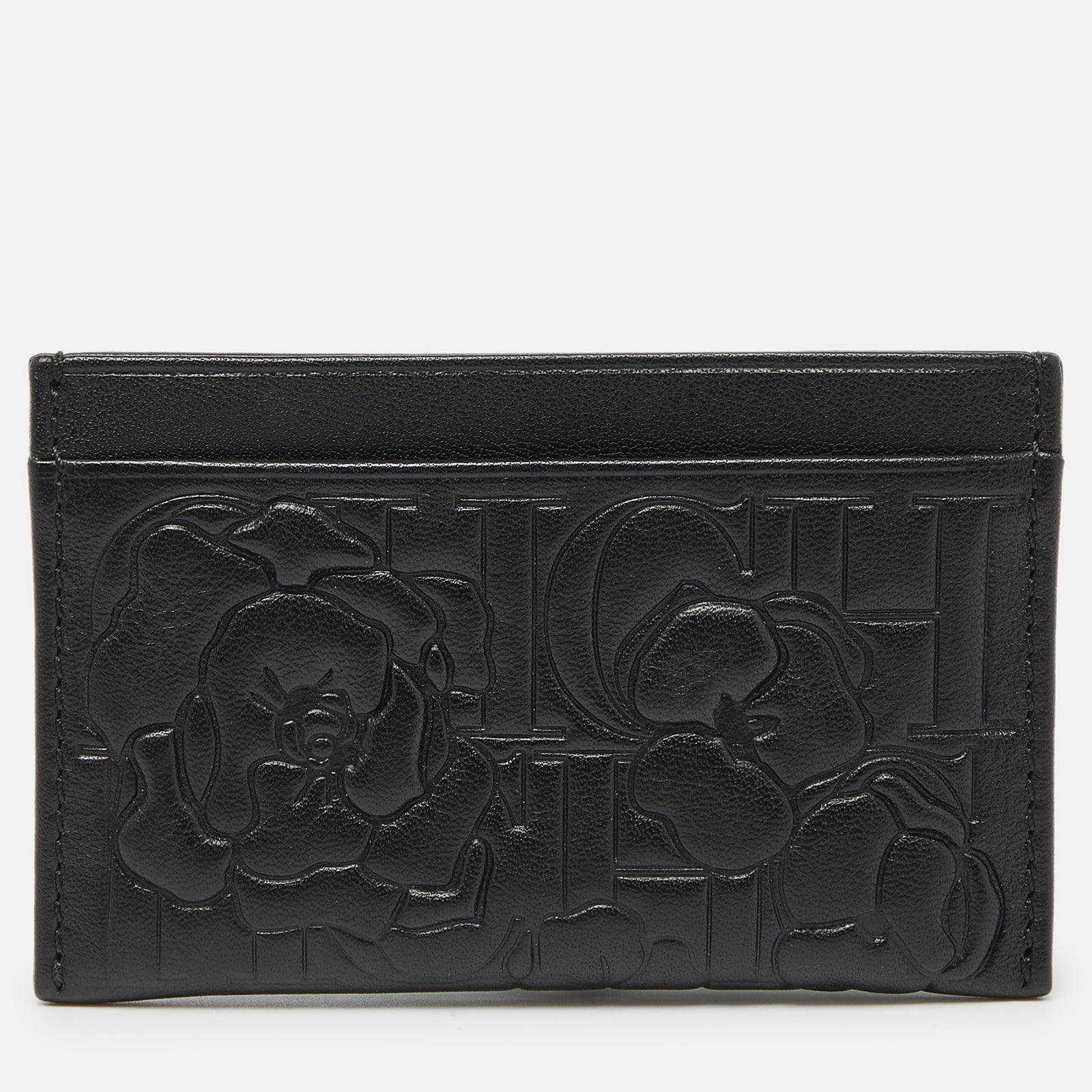 Ch Carolina Herrera Black Monogram Embossed Leather Card Holder