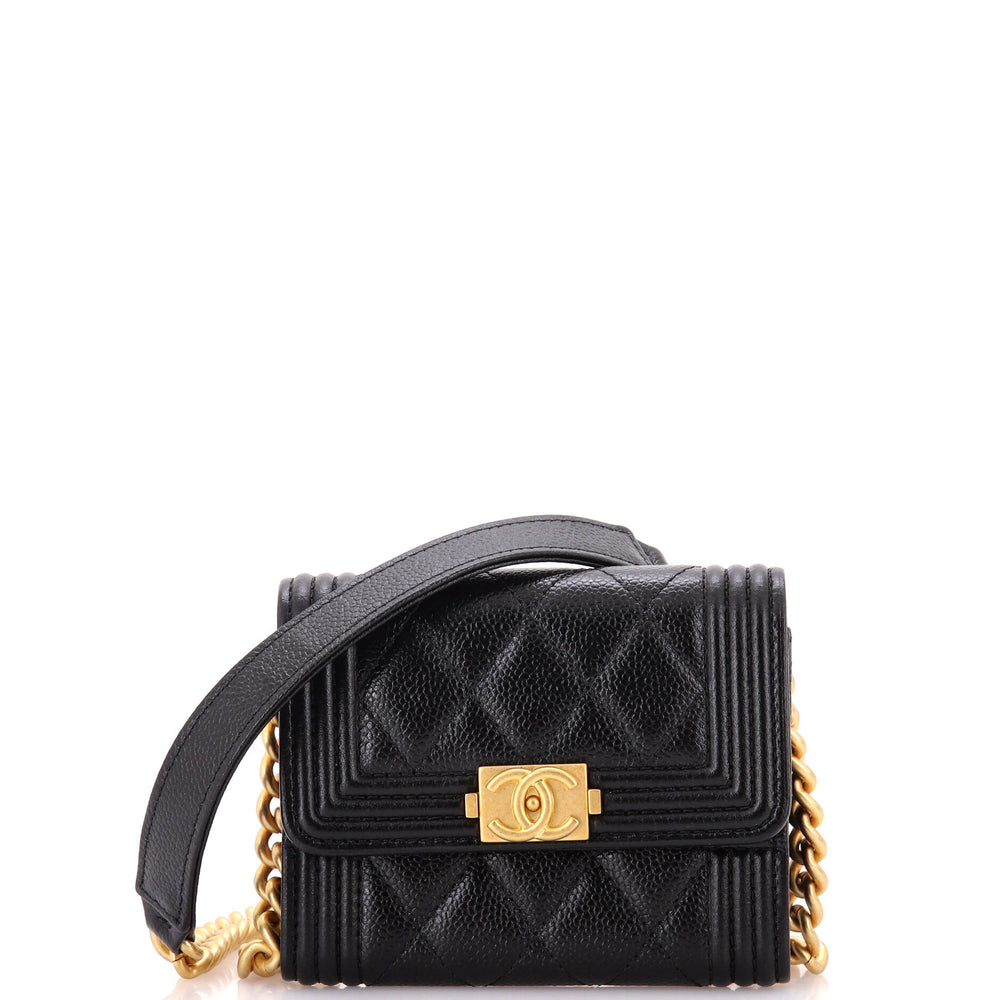 CHANEL Boy Flap Card Holder on Chain Quilted Caviar