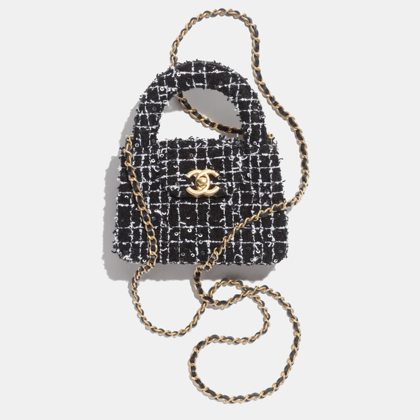 Chanel Nano Kelly Shopper-Tasche aus Tweed in Schwarz, Weiß und Silber