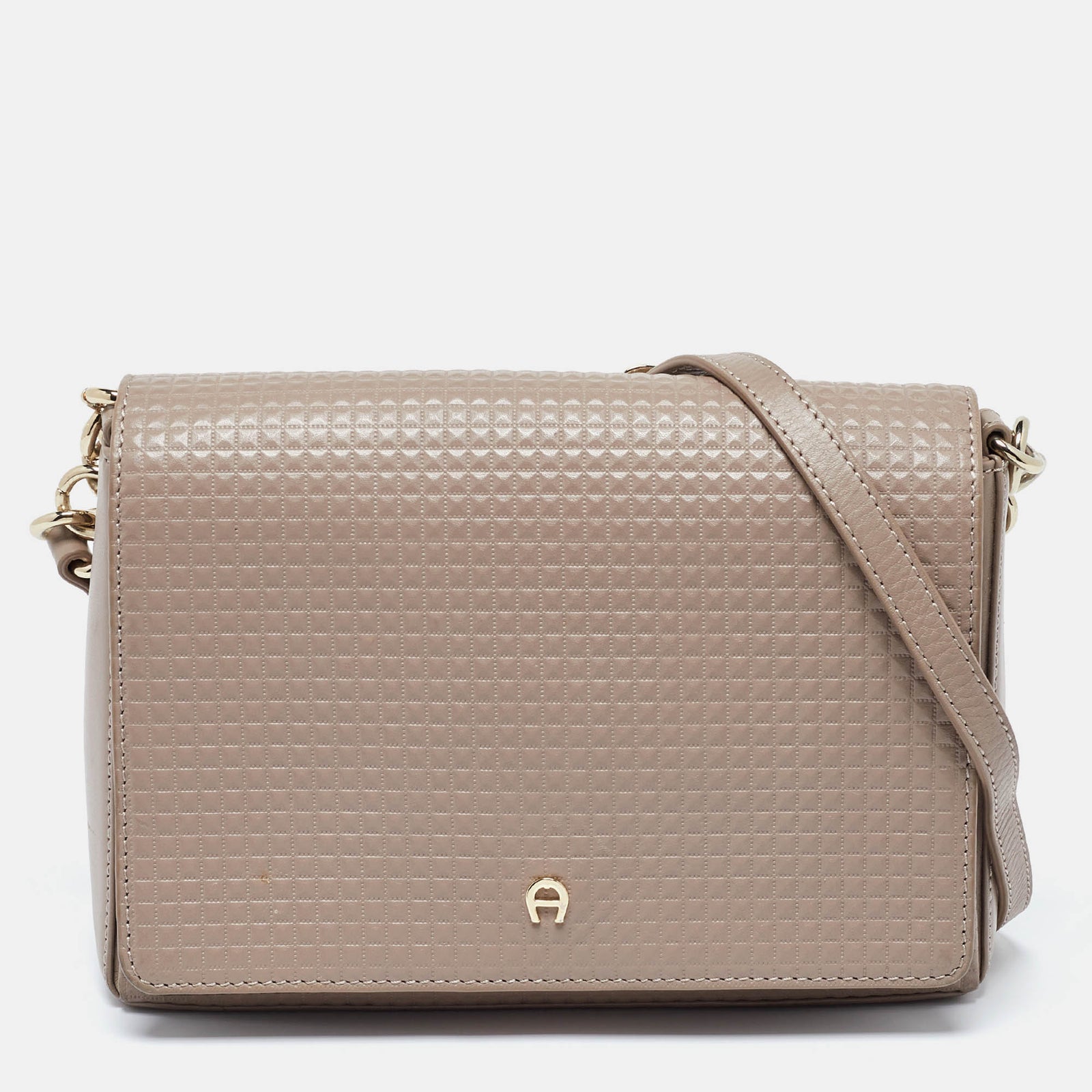 Aigner Sac bandoulière à rabat en cuir gaufré beige avec chaîne