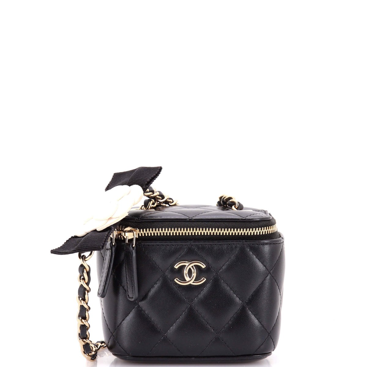 Chanel CHANEL Camellia Bow Vanity Case with Chain Quilted Lambskin Mini