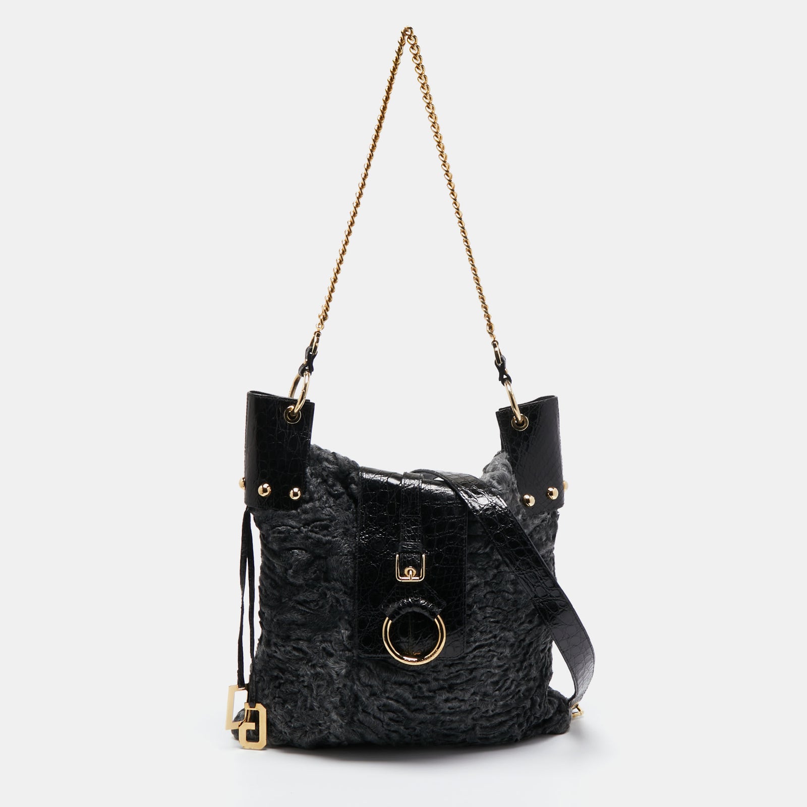 Dolce & Gabbana Black/Grey Embossed Leather and Fur Tote