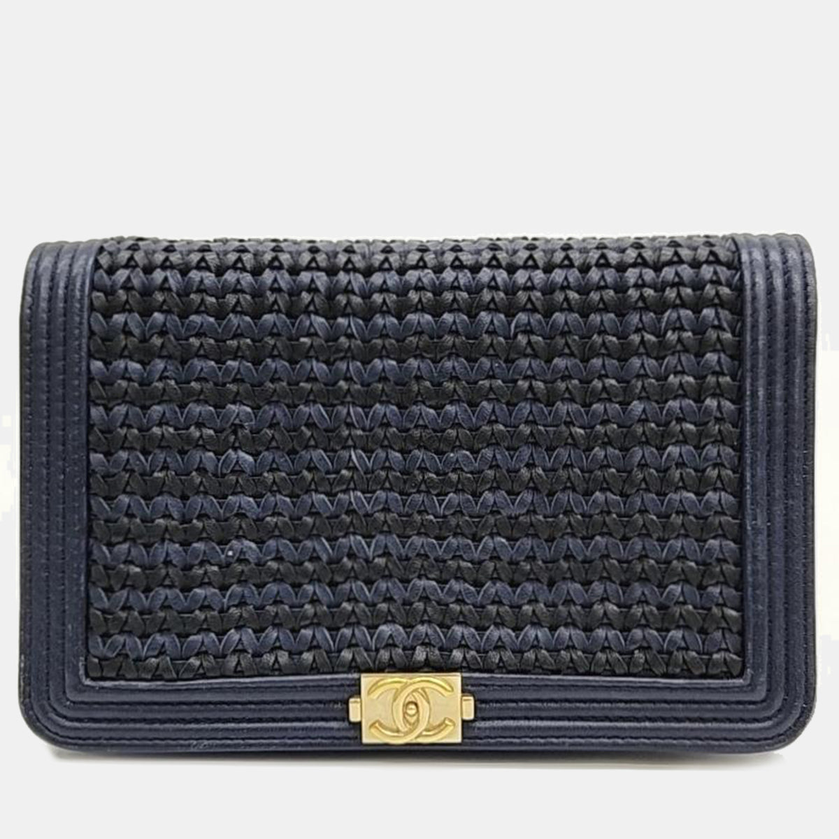 Chanel Blue/Gold Woven Leather New Boy Wallet On Chain