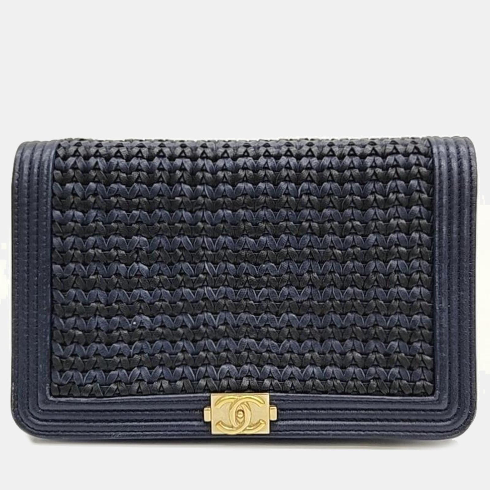 Chanel Blau/Gold gewebtes Leder New Boy Geldbörse mit Kette