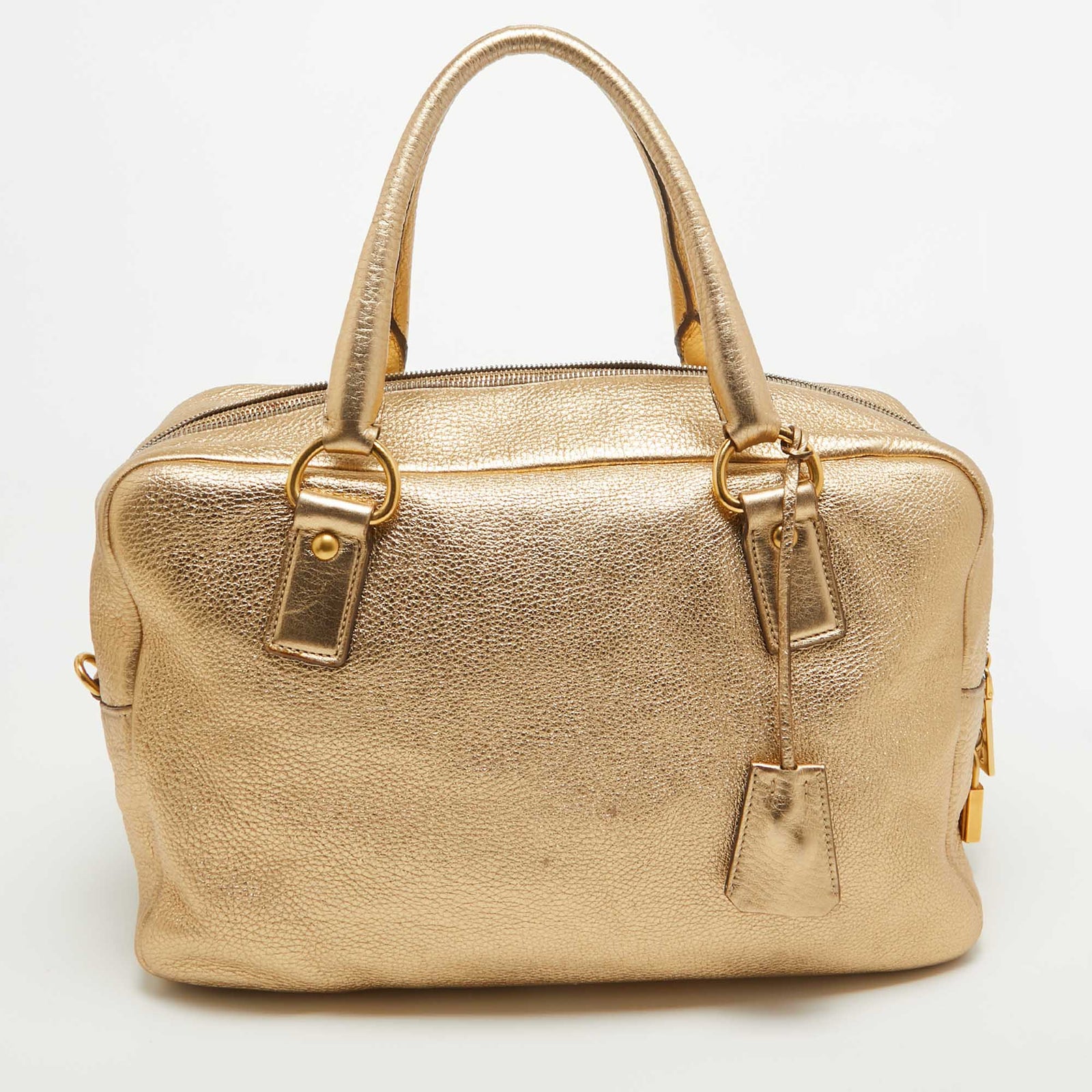 Prada Gold Vitello Daino Leather Large Bauletto Bag