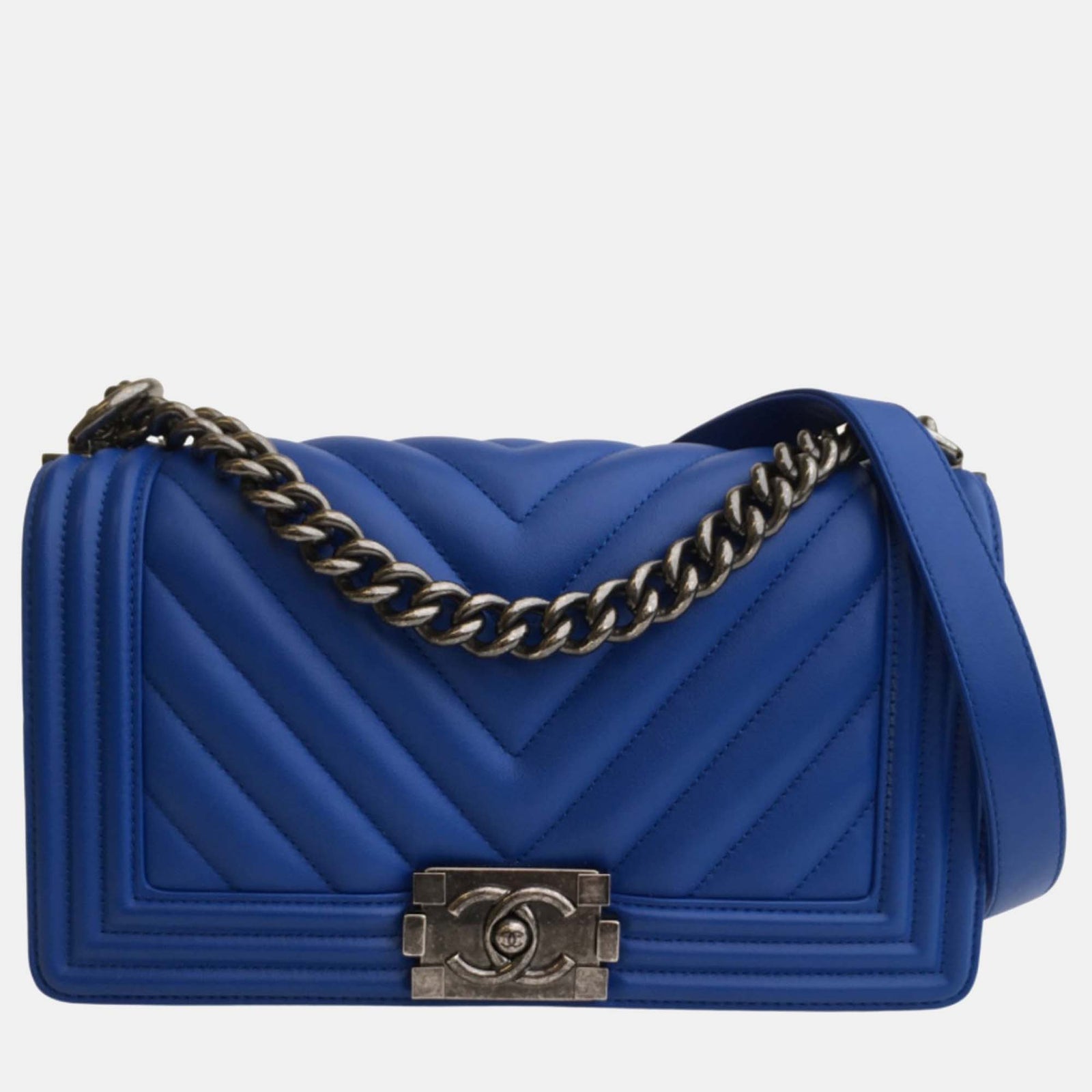 Chanel Blue Calfskin Old Medium Chevron Boy Bag