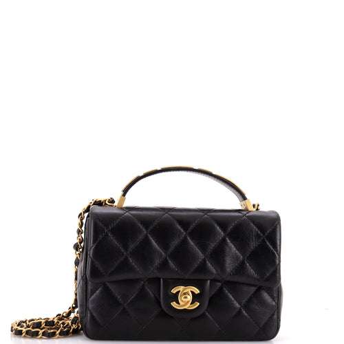 CHANEL Coco CC Plaques Top Handle Flap Bag Quilted Lambskin Mini