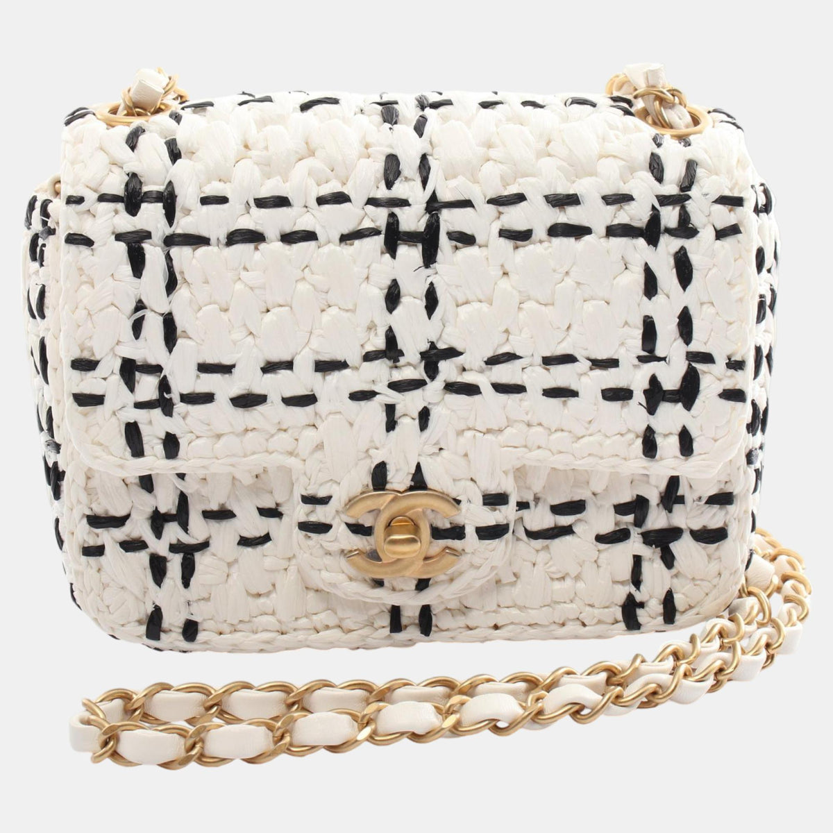 Chanel White/Black Raffia Effect Tweedy Mini Flap Shoulder Bags