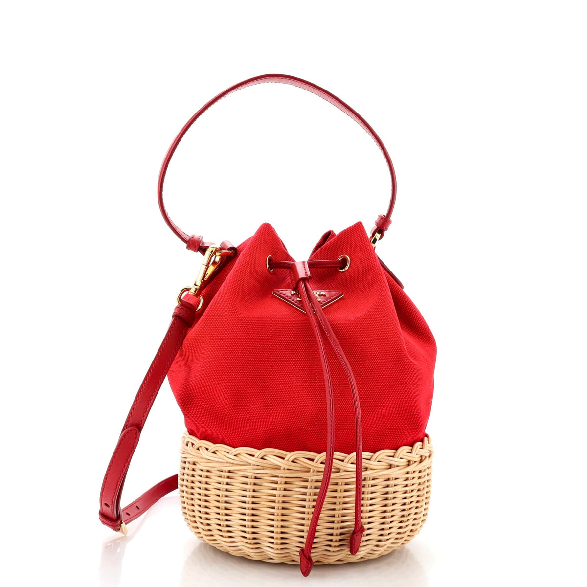 Prada PRADA Drawstring Bucket Bag Printed Canvas and Wicker Small