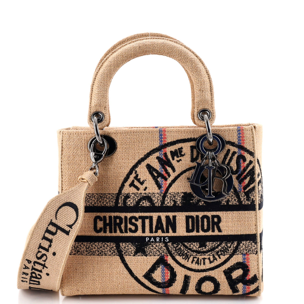 Christian Dior Lady D-Lite Bag Embroidered Jute Canvas Medium
