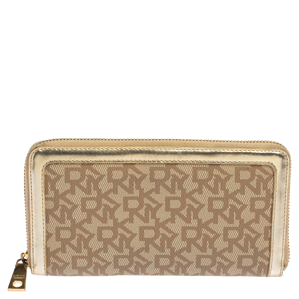 DKNY Portefeuille zippé en toile enduite et cuir beige DKNY Signature