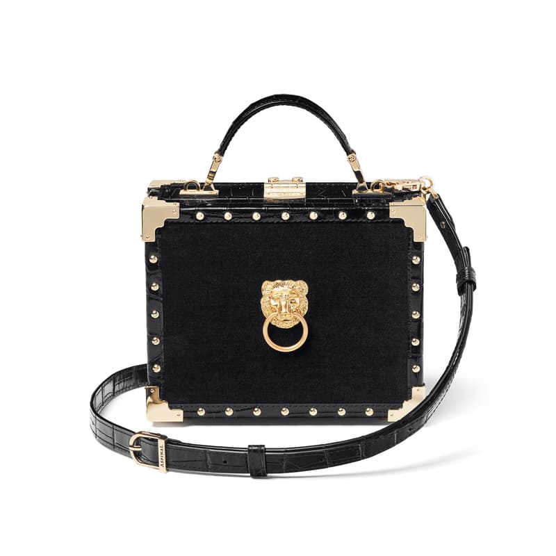 Maje Lion Trunk Top Handle Bag in Black Velvet & Croc with Studs