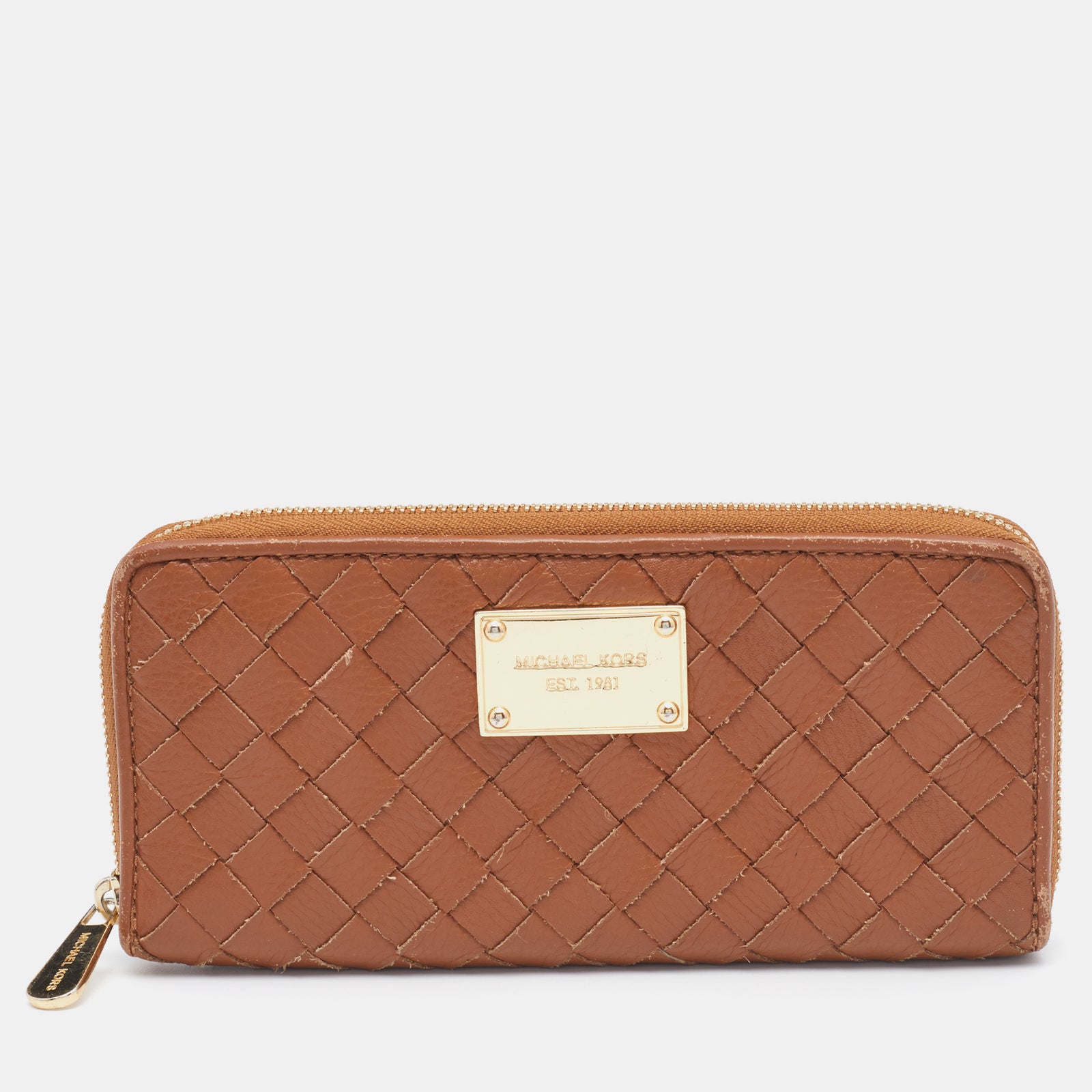 Michael Kors Tan Leather Woven Zip Around Wallet