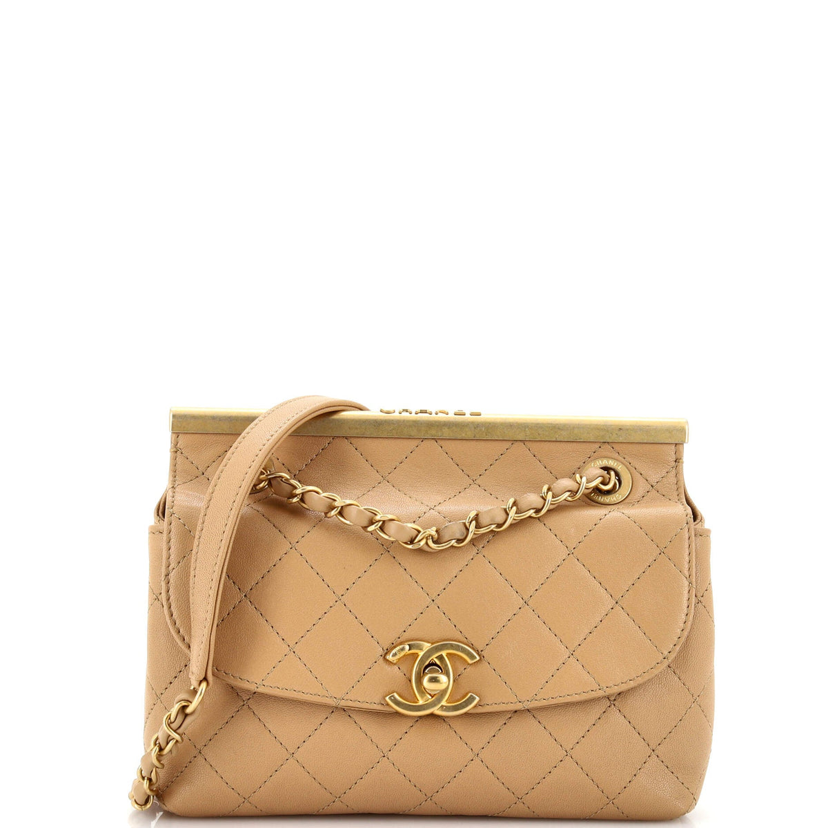 Chanel CHANEL CC Logo Bar Top Handle Chain Flap Bag Quilted Lambskin Small