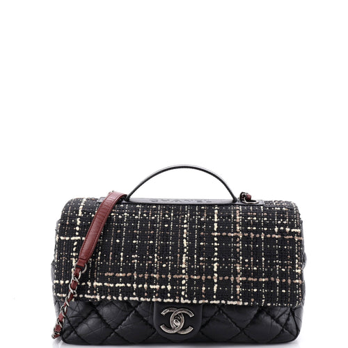 CHANEL CC Top Handle Flap Bag Tweed and Quilted Aged Calfskin Medium