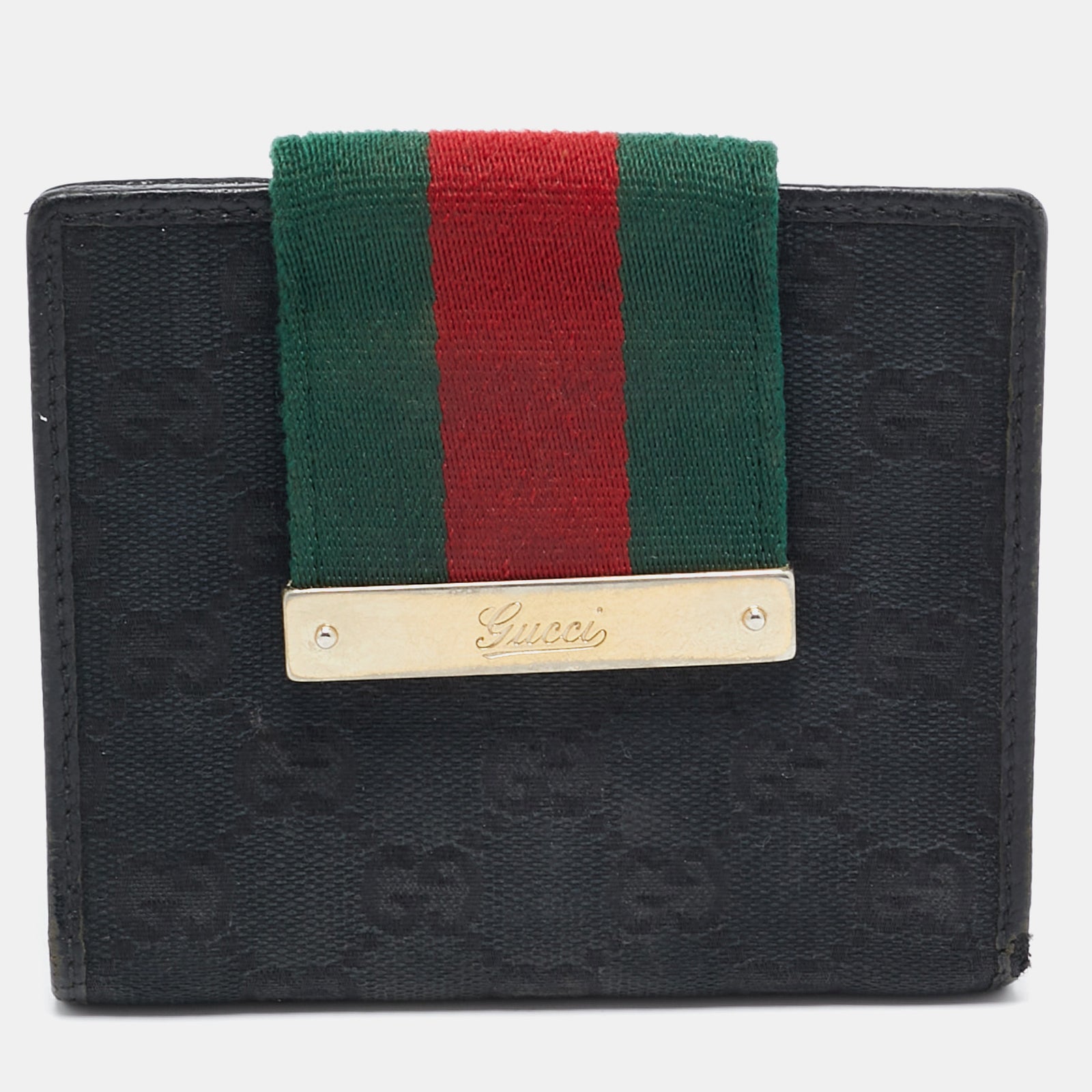 Gucci Black GG Canvas and Leather Web Flap French Wallet