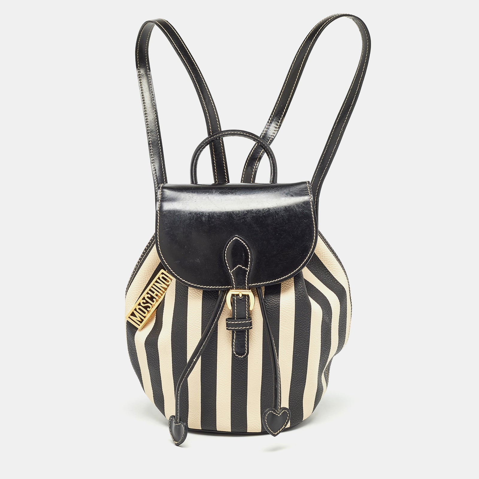 Moschino Black/Cream Coated Canvas Striped Mini Drawstring Backpack