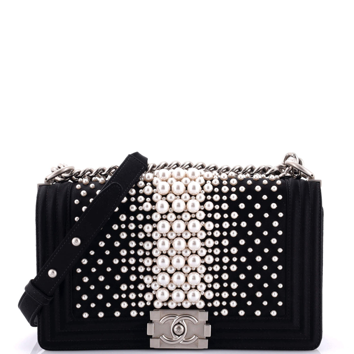Chanel CHANEL Boy Flap Bag Pearl Embellished Satin Old Medium