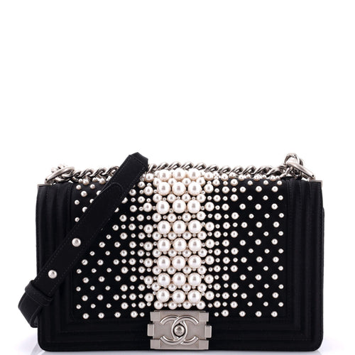 CHANEL Boy Flap Bag Pearl Embellished Satin Old Medium