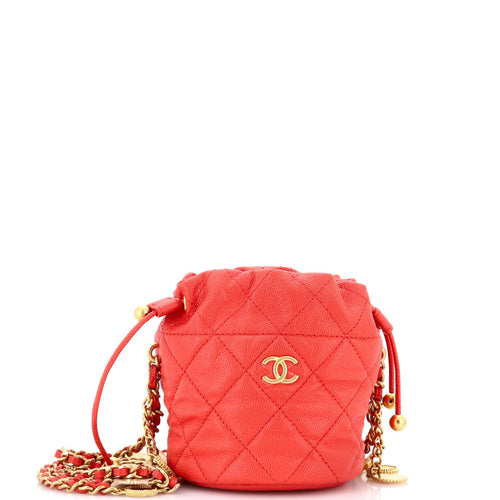CHANEL Medallion Charms Drawstring Bucket Bag Quilted Caviar Mini