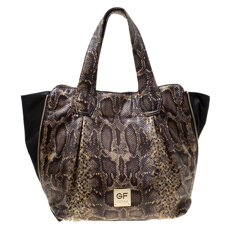 Gianfranco Ferre GF Ferre Black/Yellow Embossed Python Leather Tote