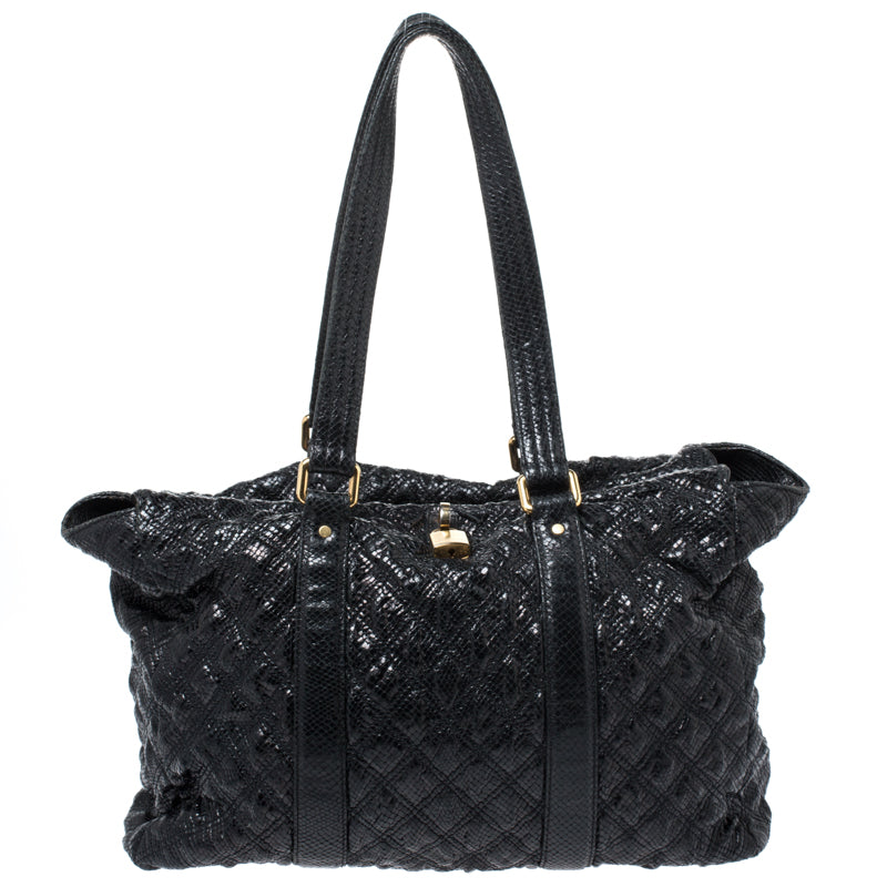 Marc Jacobs Black Quilted Snakeskin Embossed Leather Tote