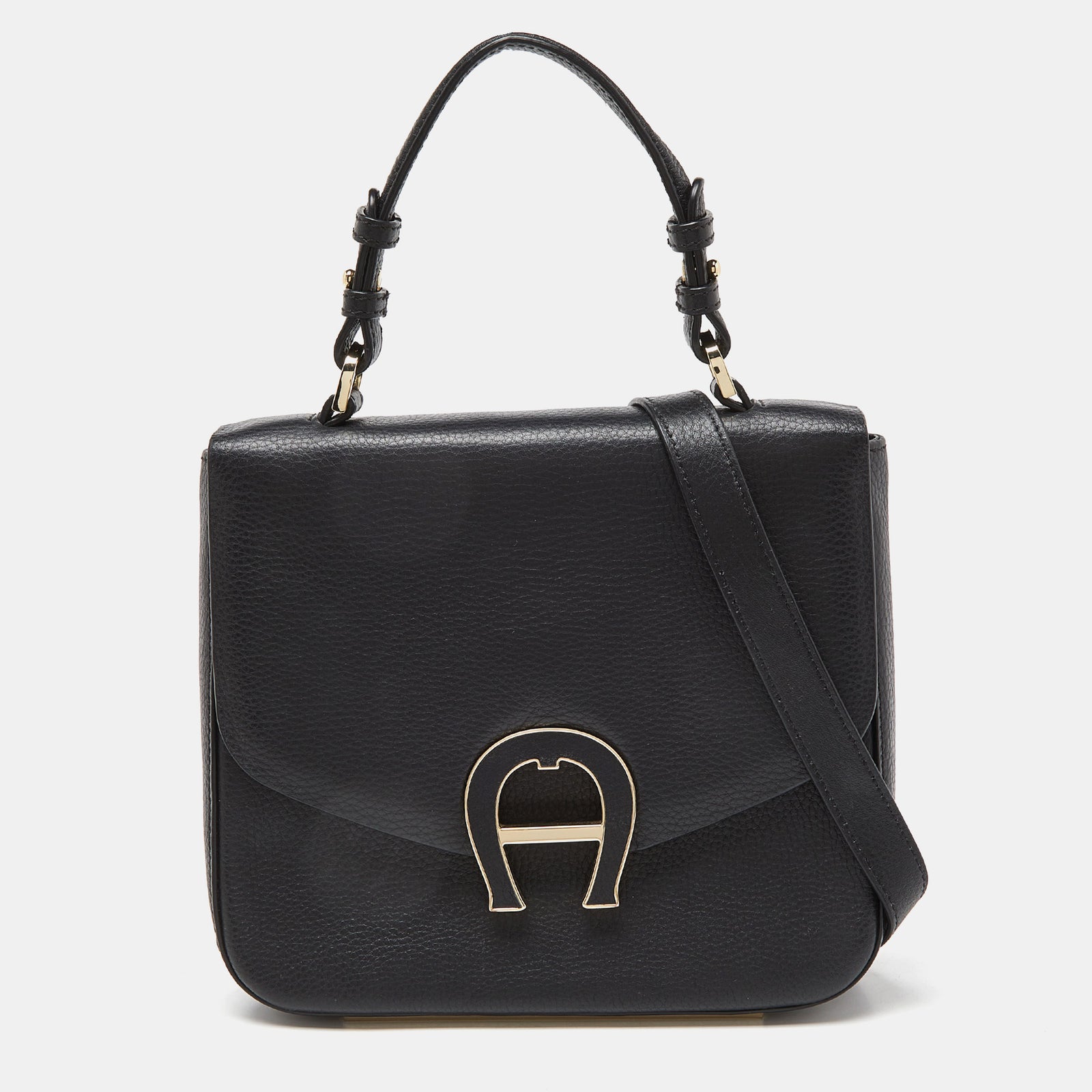 Aigner Black Leather Logo Flap Top Handle Bag