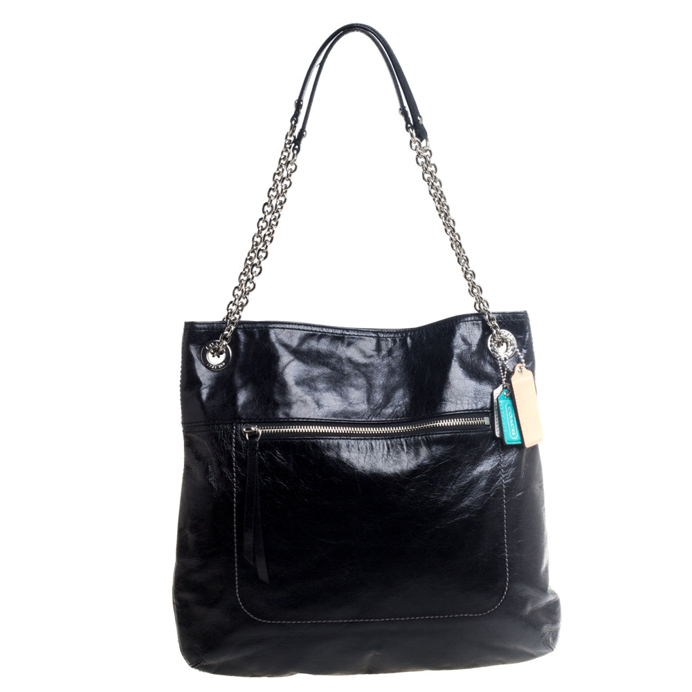 Coach Black Crackled Leather Chain Tote