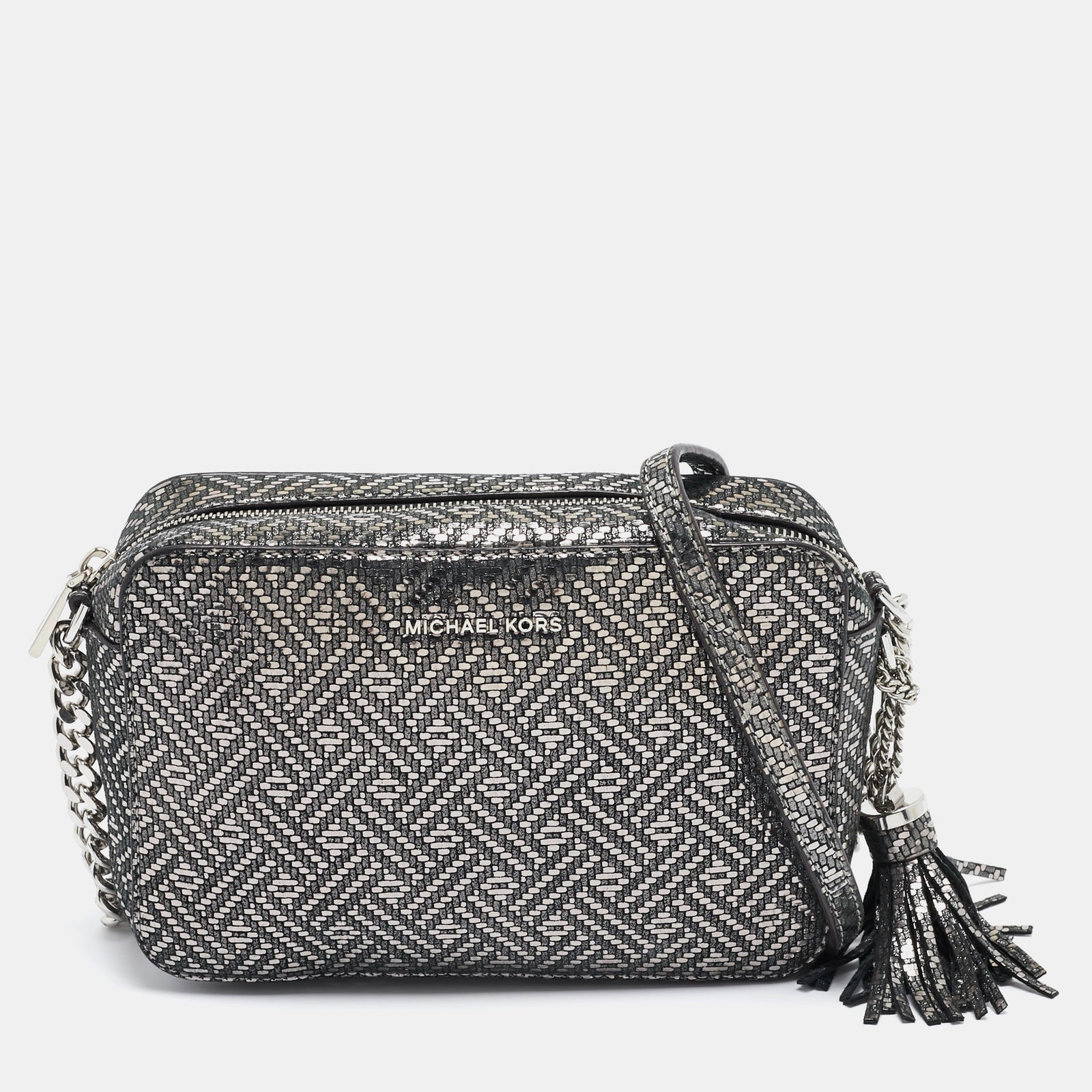 Michael Kors Metallic Grey Textured Leather Ginny Camera Crossbody Bag