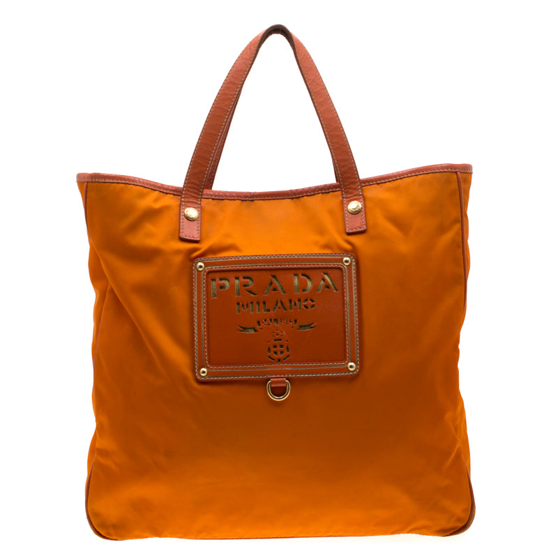 Prada Orange Nylon and Leather Lasercut Logo Tote