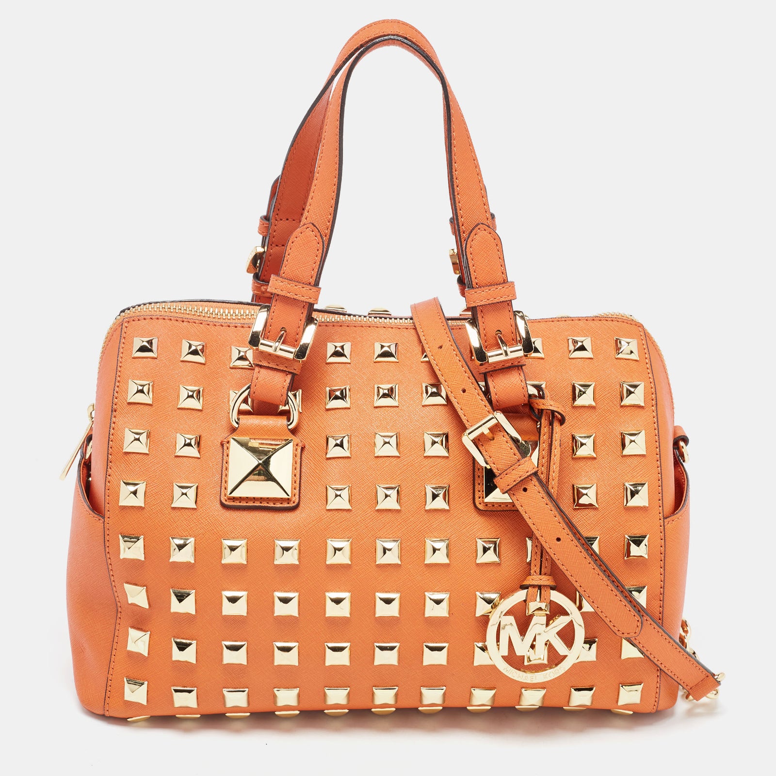 Michael Kors Orange Studded Leather Grayson Boston Bag