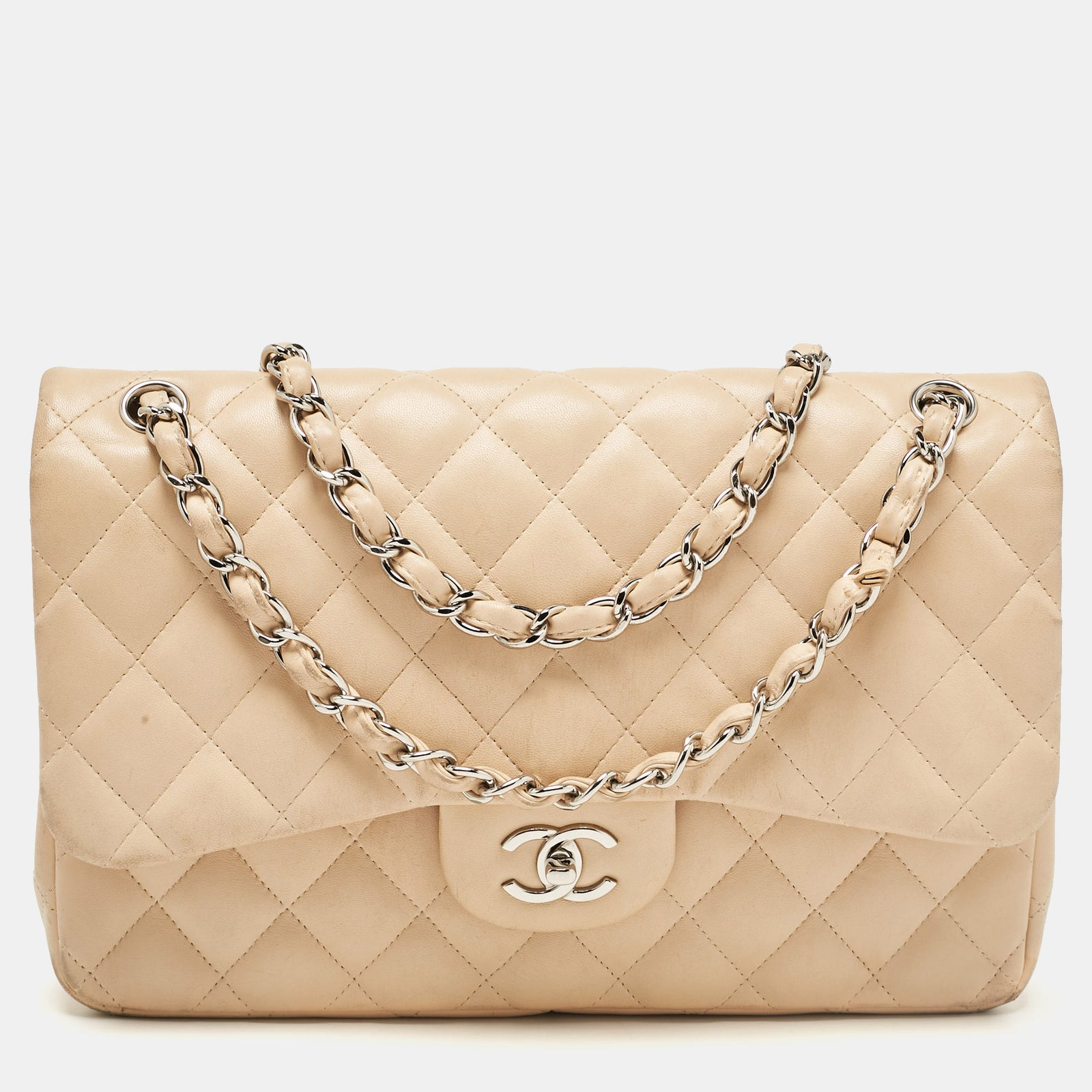 Chanel Beigefarbene, klassische Jumbo-Tasche aus gestepptem Leder mit Doppelklappe