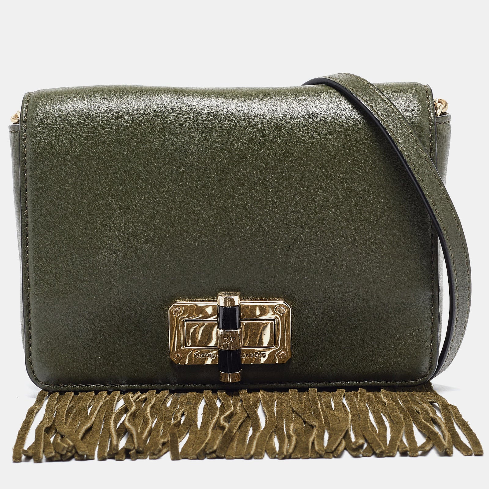 Diane Von Furstenberg Green Leather Fringe Flap Crossbody Bag