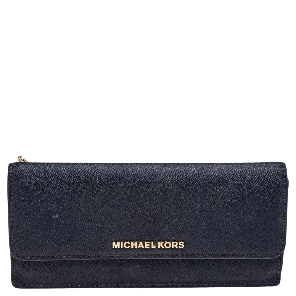 Michael Kors Navy Blue Saffiano Leather Jet Set Travel Flat Wallet