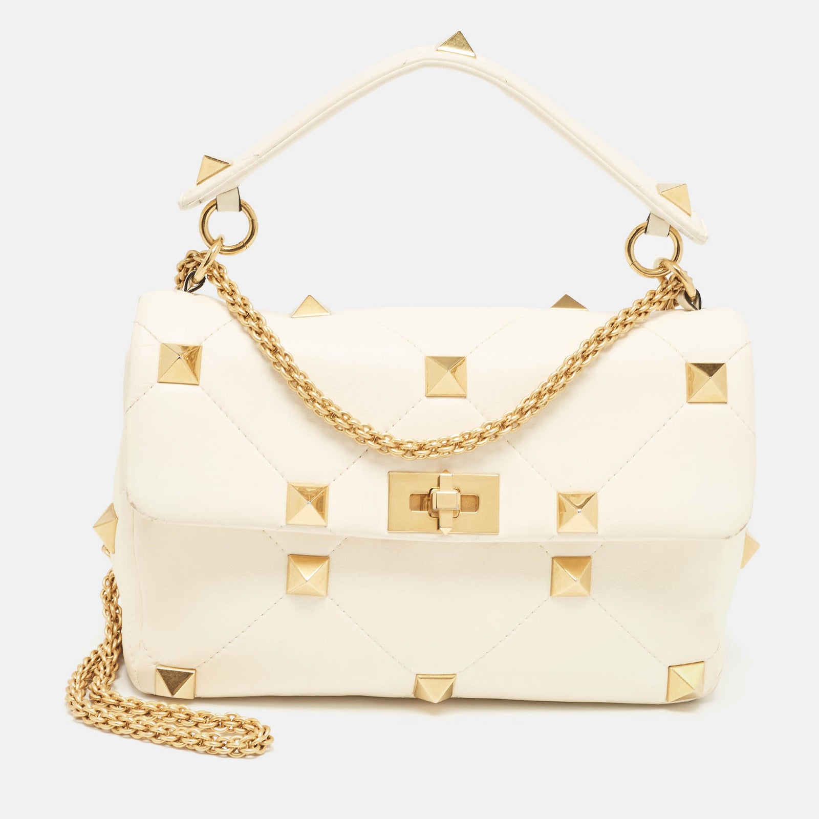 Valentino Off White Leather Large Roman Stud Top Handle Bag